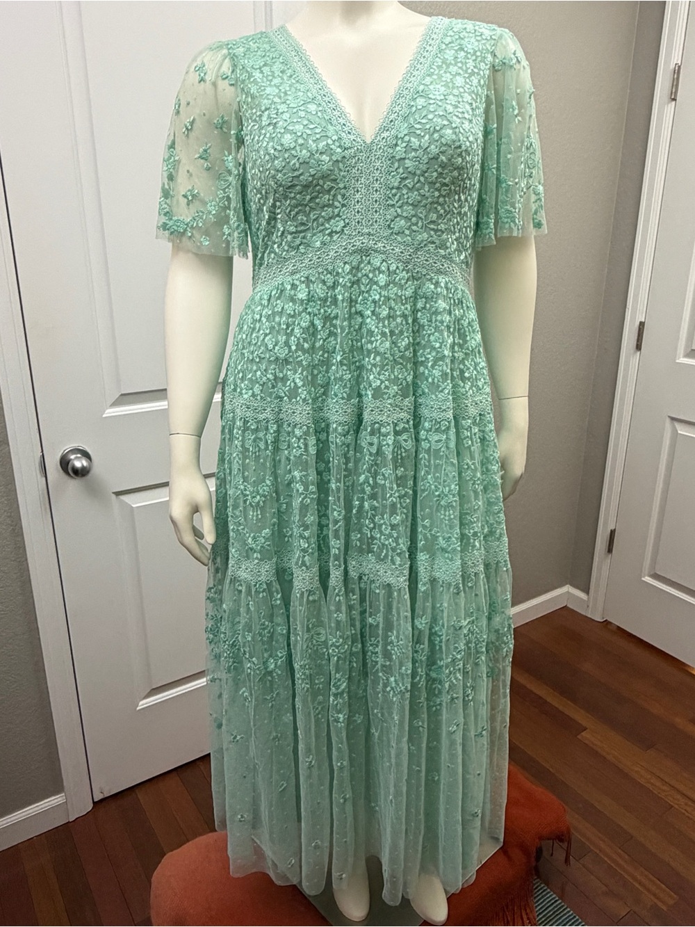 Needle & Thread Mint Green/Aqua Embroidered Lace Maxi Dress - Size 16